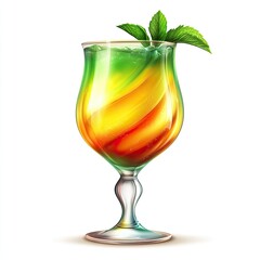 Vibrant layered cocktail in a sculpted glass, featuring a gradient of green and orange hues, garnished with mint leaves