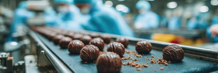 Delicious chocolates being prepared on a conveyor belt in a busy factory during daytime hours