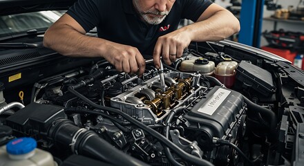 Man Working on Car Engine Repair in Auto Shop