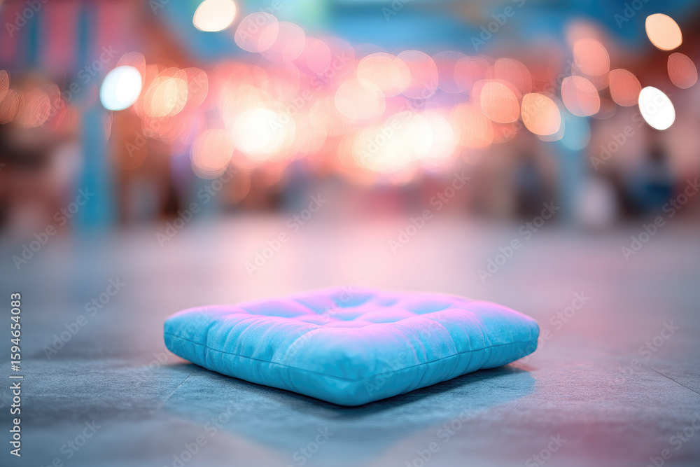 Poster soft cushion with tufted design on smooth floor, surrounded by warm glowing lights and blurred color