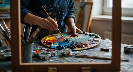 Obraz premium Artist Working on Painting with Colorful Palette in Studio