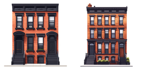 Brick buildings in a row with store entrance isolated on transparent PNG image ideal for urban housing, shop design, or city branding