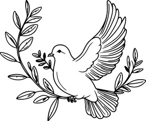 Obraz premium Dove with Olive Branch Silhouette: A classic black silhouette of a dove in flight, carrying an olive branch in its beak, symbolizing peace and hope.