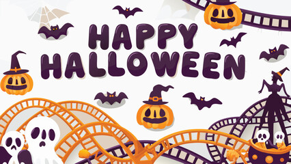 Happy halloween illustration with pumpkins, bats, ghosts, and a halloween themed roller coaster ride