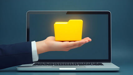 A persons hand emerging from a laptop screen gently holding a bright yellow digital folder icon image