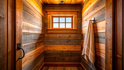 Obraz premium Warm wooden bathroom with natural light highlighting rustic design elements