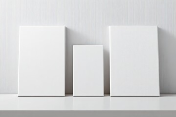Three blank white canvases on a shelf against a light gray wall