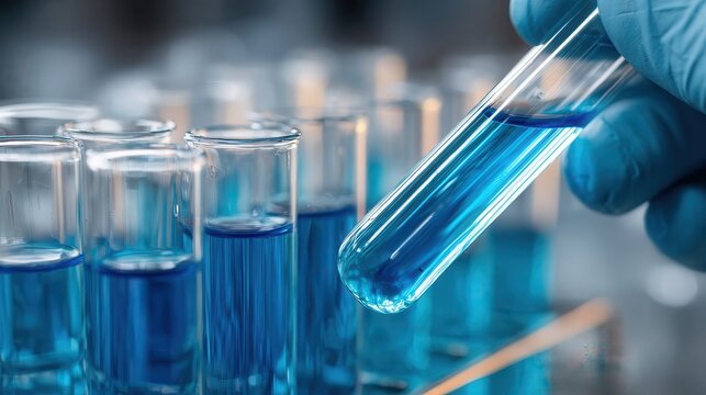 Scientist hand hold test tubes filled with blue sample chemicals in chemistry science laboratory. Glassware in medical research. Scientific lab for Biotechnology.
