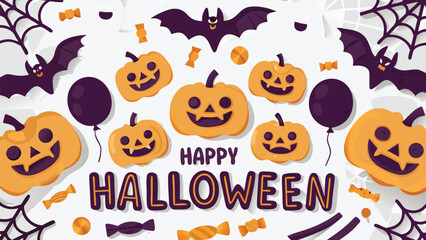 Happy halloween scene with pumpkins, bats, balloons, candies and spiderwebs on a white background