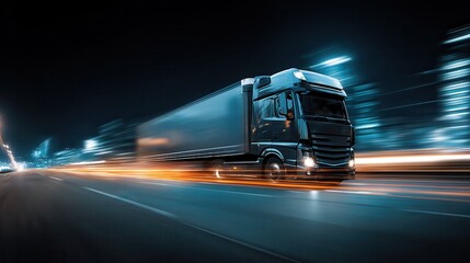 Semi-truck moving on a highway at night with motion blur and light trails, representing transportation and logistics.