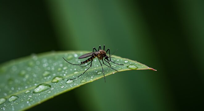 Mosquito resting on a leaf with morning dew in macro detail