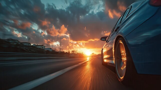 A blue car speeds along a highway at sunset, captured from a low angle. The glowing sun in the background illuminates the road and creates a dramatic atmosphere with colorful.