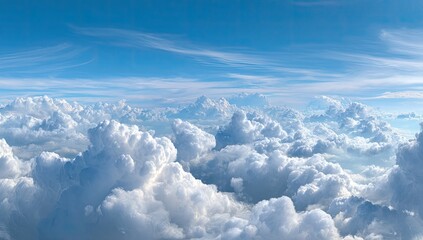 Panoramic view of fluffy white clouds scattered across a vast, vibrant blue sky