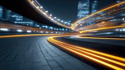 Dynamic light trails illuminating a futuristic curved pathway, symbolizing technological advancement and high-speed data transfer in a modern setting.