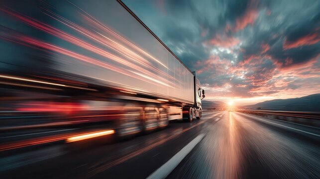 Dynamic motion of a truck speeding along a highway at sunset : Generative AI.