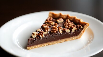 Decadent Slice of Chocolate Pecan Pie on a White Plate