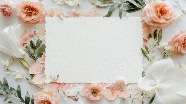 hand-painted floral wedding invitation on natural fiber paper with deckled edges 