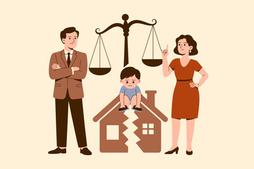 Family Law: An illustrative depiction of a family facing separation, symbolized by a broken home beneath a scale of justice. The father and mother are depicted in conflict.