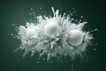 Three white spheres exploding in a cloud of white splatter against a dark teal background