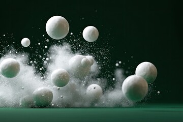 White spheres explode in a cloud of white dust against a deep green backdrop