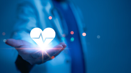 Stateoftheart Medical Technology A Glowing Heart Symbol, Representing Wellbeing And Healthcare Against A Vibrant Blue Background With A Heartbeat, Showcasing Future Medical Advancements
