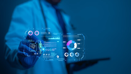 Futuristic Holographic Medical Interface Data Driven Healthcare Analysis With Percentage Indicators, Skeletal Brain Diagrams, Showcasing Advanced Technology In A Professional Medical