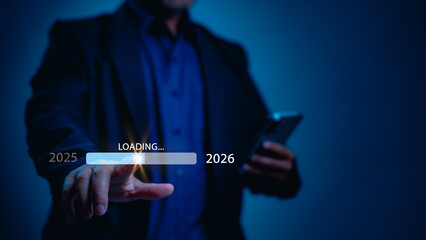 Futuristic Interface Person In Suit Reaching Towards Loading Bar, Symbolizing Innovation Anticipation Of 2025 to 2026, With Ml At The Beginning Of A New Era