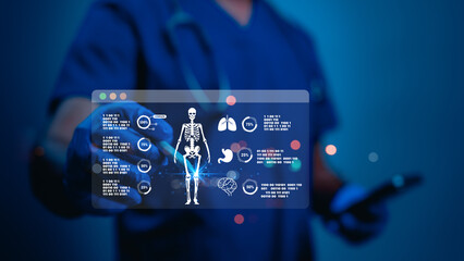 Futuristic Medical Interface Advanced Health Analysis Displaying Organ Status With Skeleton, Professional Technology, And Color Coded Readouts For Modern Healthcare