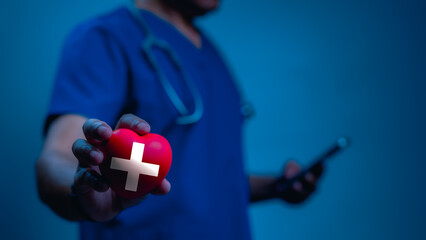 Professional Nurse Offers Hope Red Heart Symbolizing Medical Health And Innovation, Stethoscope Ready, In A Dramatic Tone, For Healthcare