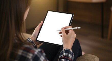 Woman Using Digital Tablet with Stylus on Blank Screen