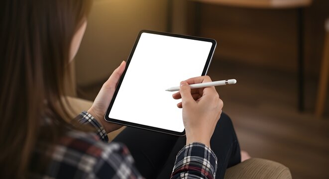 Woman Using Digital Tablet with Stylus on Blank Screen