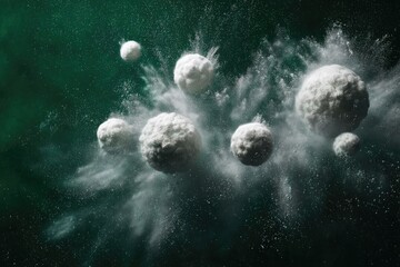 White spheres explode in dark, green powder