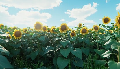 Sunflowers field on a bright sunny day. Lush green foliage surrounds many vibrant sunflowers, facing the sun.  A clear, light blue sky dotted with puffy white clouds