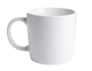 Simple white ceramic coffee mug, isolated on white, perfect for beverage, kitchenware, and daily routine concepts.