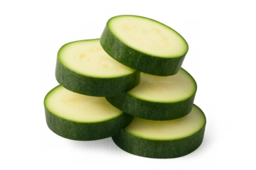 Zucchini slices neatly stacking, displaying vibrant green vegetable layers with clean white backdrop, highlighting nutritious cooking ingredient