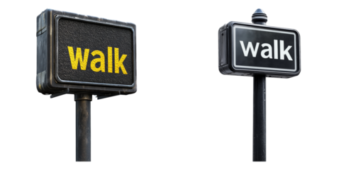 Walk signal signs on poles isolated on transparent PNG image good for pedestrian safety, traffic visuals, or urban planning projects