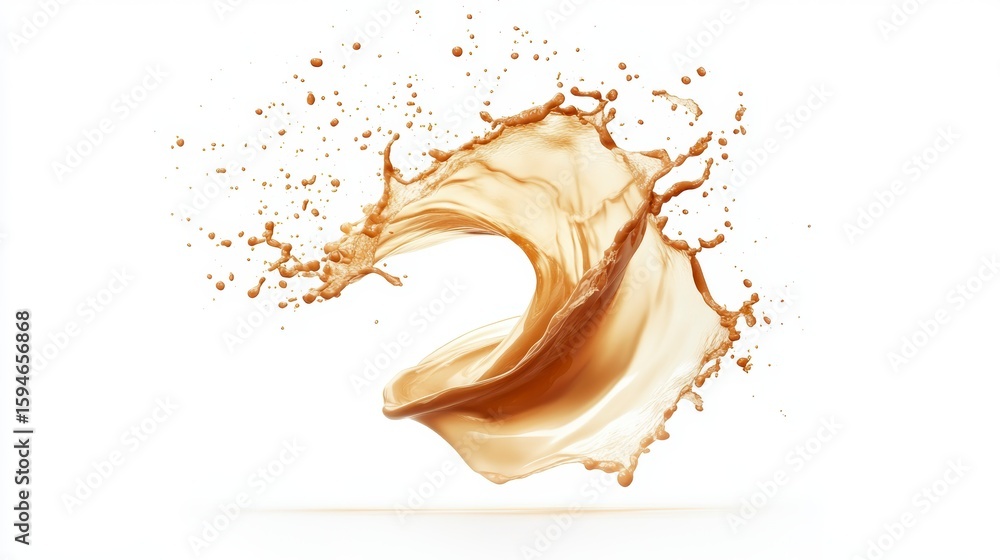 Poster coffee splash in motion against a white background, showing texture and dynamic movement.