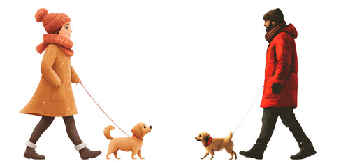 Couple walking dogs in winter outfit isolated on transparent PNG image perfect for seasonal outdoor lifestyle or family themes