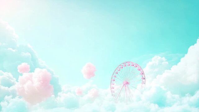 Dreamy Landscape with Ferris Wheel and Cotton Candy Clouds on Turquoise Sky