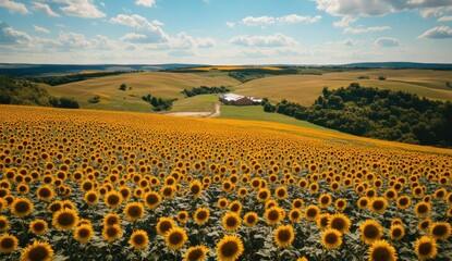 Panoramic sunflower field, rolling hills, farmhouse