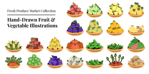 Hand Drawn Fruit and Vegetable Illustrations Produce Market