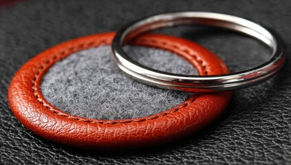 A round, leather keyring with a gray felt center and a metal ring.