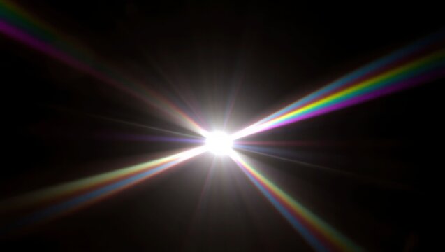 Blurred rainbow refraction overlay effect. Light lens prism effect on black background. Holographic reflection, crystal flare leak shadow overlay. Colorful rainbow disco ball light