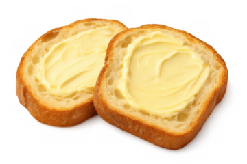 Buttered golden toast slices lying flat, crisp edges gleaming against clean white backdrop, promising morning comfort