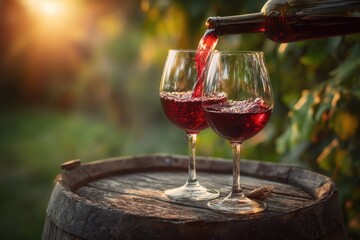 Red wine poured into two glasses outdoors