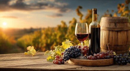 Sunset vineyard scene with wine