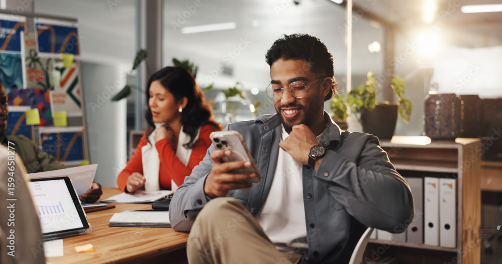 Poster office, employee and man with phone, texting and communication with contact on social media and app.