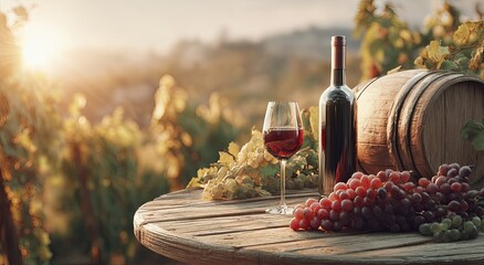 Wine, grapes, and barrel in a vineyard at sunset