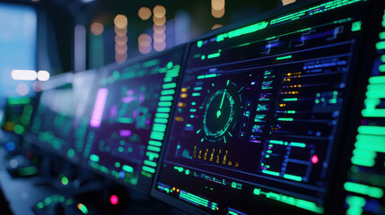 Obraz premium Futuristic command center with advanced digital displays and vibrant neon colors, showcasing high tech interfaces and data