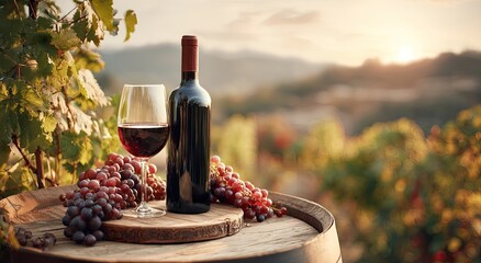 Wine bottle and glass on wooden barrel, vineyard backdrop at sunset